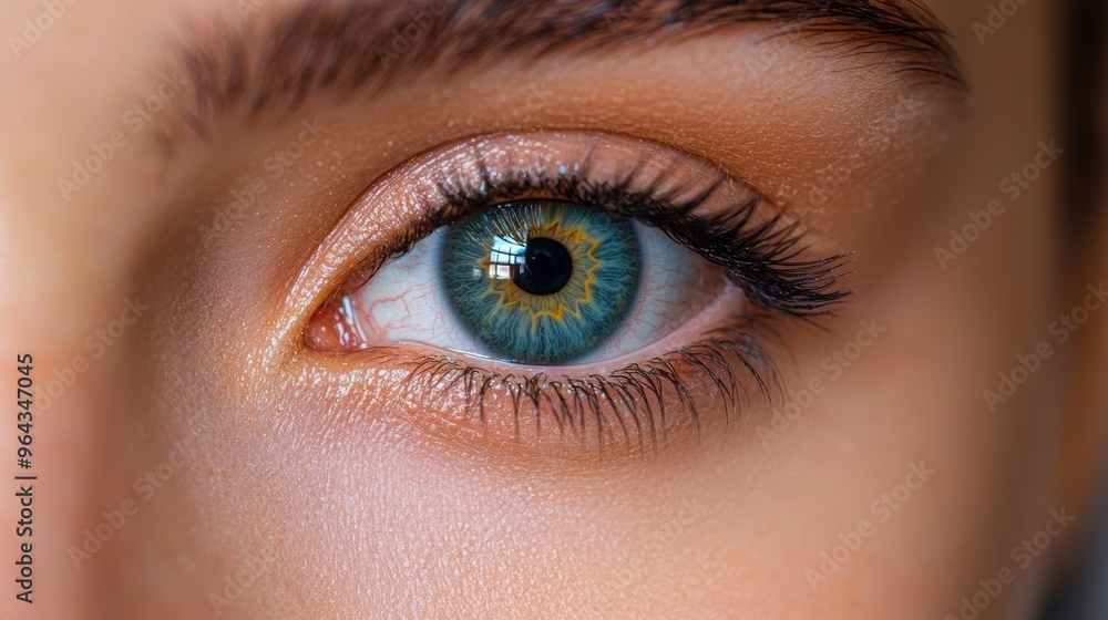 Close-up of a striking blue-green eye showcasing intricate patterns and vibrant colors, highlighting beauty and detail in natural light Close-up of a striking blue-green eye showcasing intricate patterns and vibrant colors, highlighting beauty and detail in natural light