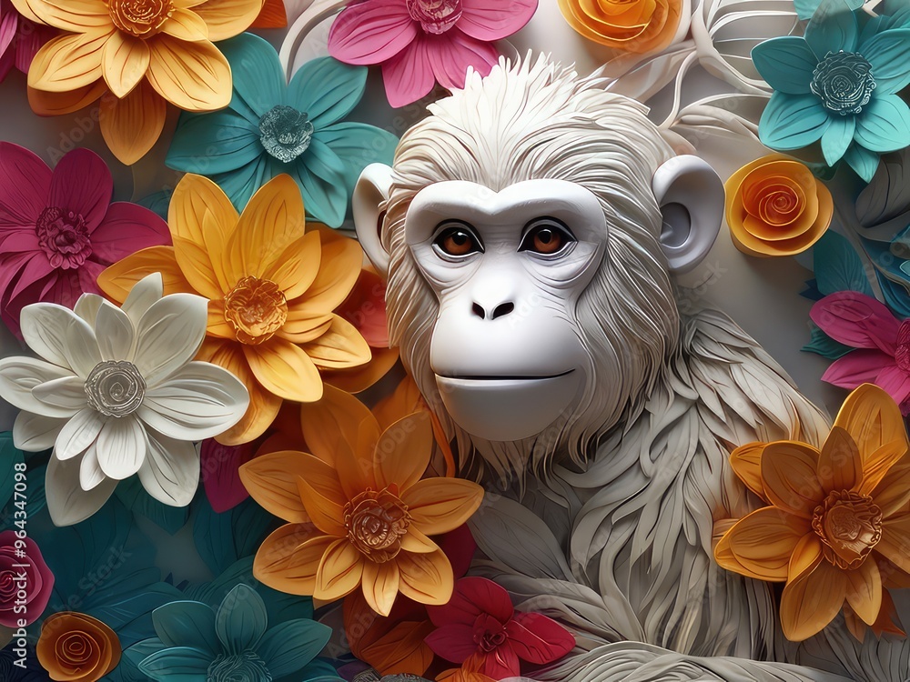 A cute 3D render of a happy Monkey face surrounded by colorful yarn balls and flower,a skull monkey by flowers,A monkey face is drawn , with a flowery design surrounding it A cute 3D render of a happy Monkey face surrounded by colorful yarn balls and flower,a skull monkey by flowers,A monkey face is drawn , with a flowery design surrounding it