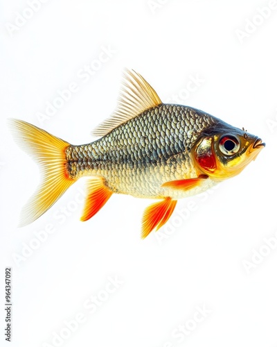 the Tinfoil Barb fish, portrait view, white copy space on right, Isolated on white Background