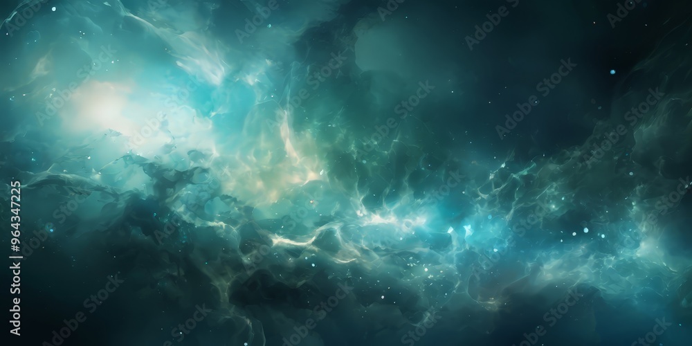 a cosmic scene with swirling clouds of blue and green hues, scattered white stars, and a bright, glowing light source in the center. a cosmic scene with swirling clouds of blue and green hues, scattered white stars, and a bright, glowing light source in the center.