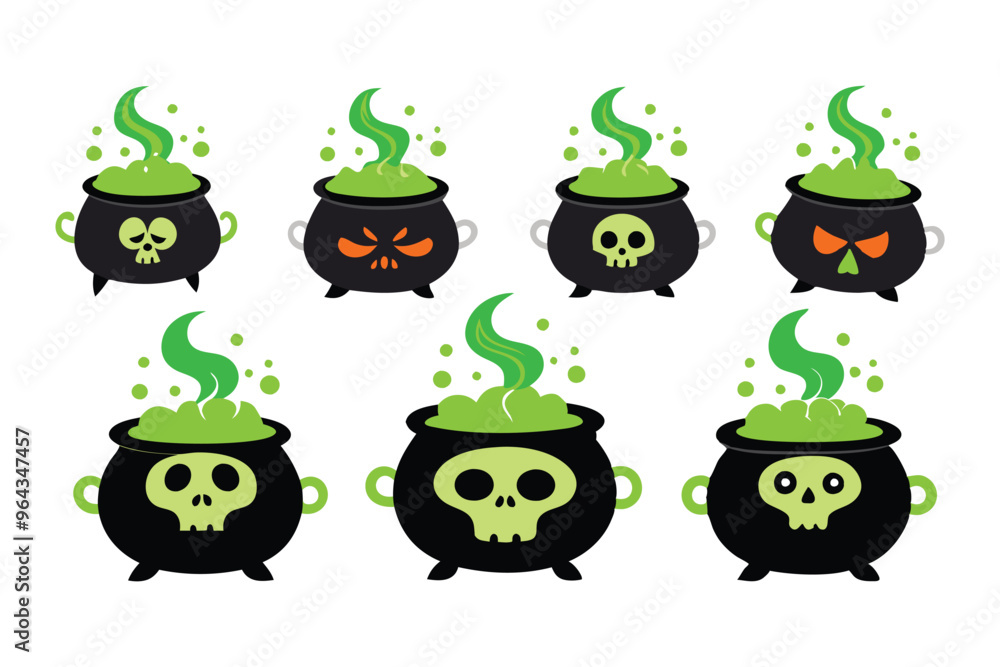 Fototapeta premium Colorful Magic Cauldrons with Bubbling Potions - Halloween Illustration Set