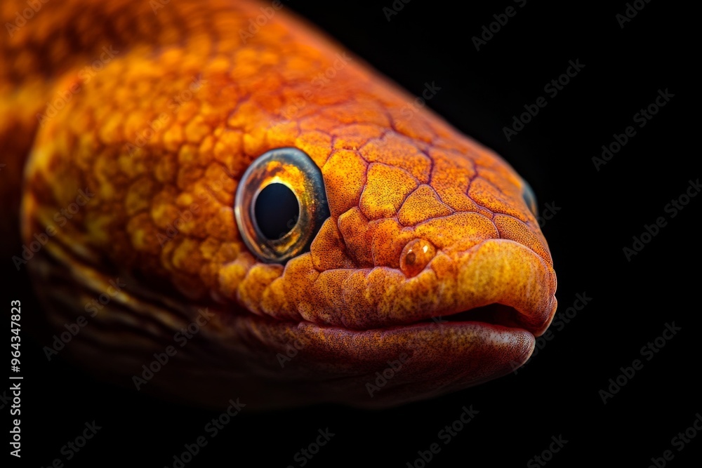 Fototapeta premium Mystic portrait of Eel fish in studio, copy space on right side, Anger, Menacing, Headshot, Close-up View, isolated on black background