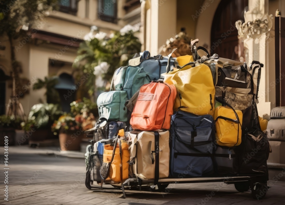 Obraz premium A luggage cart filled with various colorful bags and suitcases is parked on a cobblestone street, with a building and potted plants in the background.