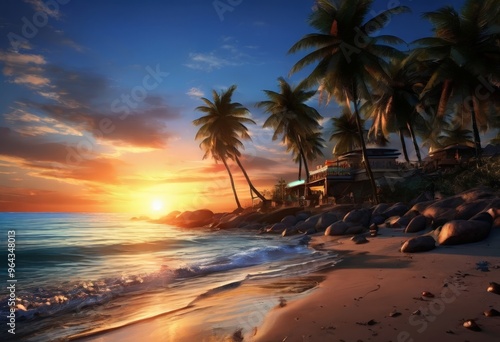 A tropical beach at sunset, with palm trees lining the shore and a small building visible in the distance.