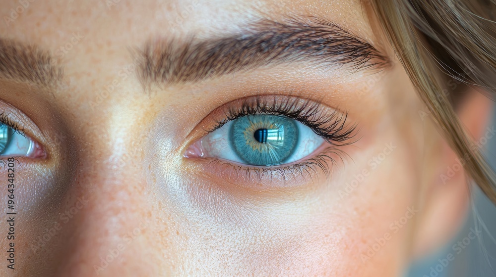 Fototapeta premium A close-up of a person's striking blue eye highlighting details of eyelashes and skin texture in natural light
