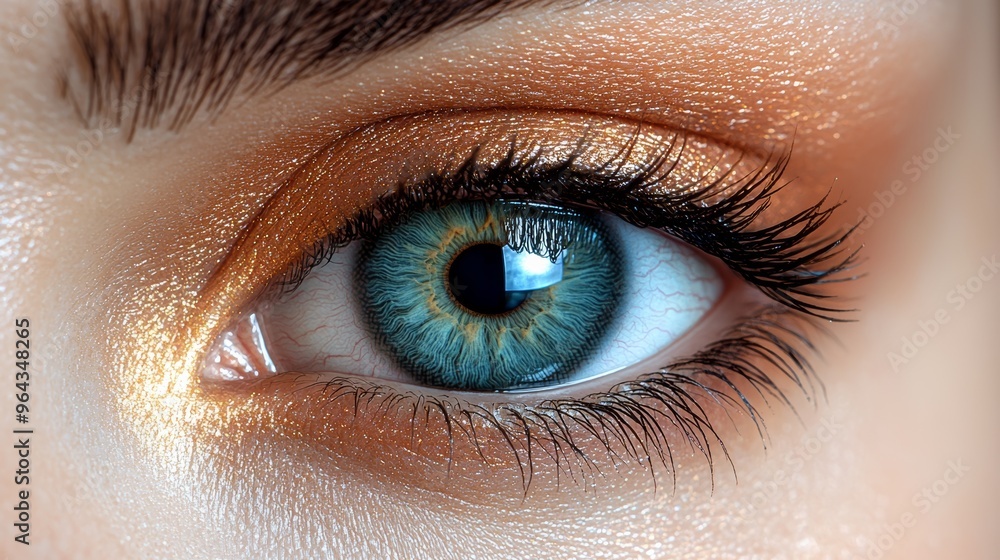 Close-up of a human eye showcasing vibrant blue irises and subtle golden eye shadow during a beauty makeup session Close-up of a human eye showcasing vibrant blue irises and subtle golden eye shadow during a beauty makeup session