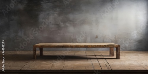 A rustic wooden coffee table with a distressed finish sits on a wooden floor, set against a textured gray wall.