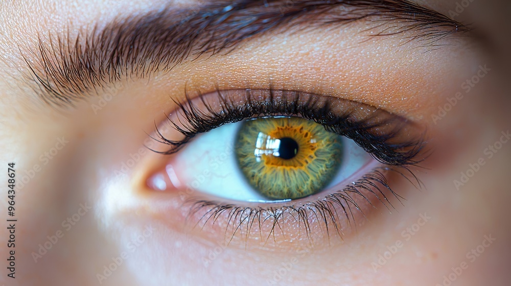 Obraz premium Close-up of a woman’s striking green and amber eye highlighting natural beauty and intricate details in soft lighting