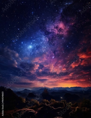 Wallpaper Mural A breathtaking night sky unfolds over a mountainous landscape, with a vibrant display of stars and a stunning gradient of colors. Torontodigital.ca