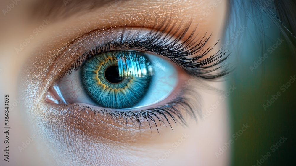 Close-up view of a woman's eye featuring striking blue iris and long eyelashes, captured in natural light during daytime Close-up view of a woman's eye featuring striking blue iris and long eyelashes, captured in natural light during daytime