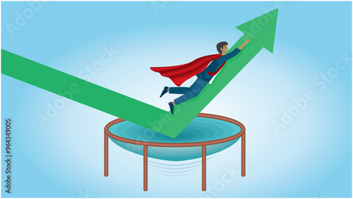 Overcoming business fall and increasing profit or achievement concept, Stock market rebound, businessman jumping high on upgoing arrow on trampoline. Superhero. Dimension 16:9. Vector illustration.