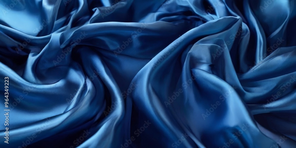 Obraz premium a close-up view of a crumpled, flowing blue satin fabric, with the folds and creases creating a sense of movement and texture.