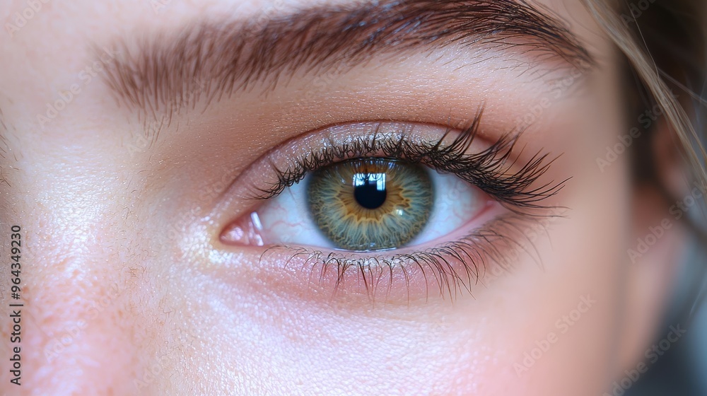 Obraz premium Close-up of a human eye showcasing unique green and brown hues, with well-defined eyelashes and a smooth complexion in natural light