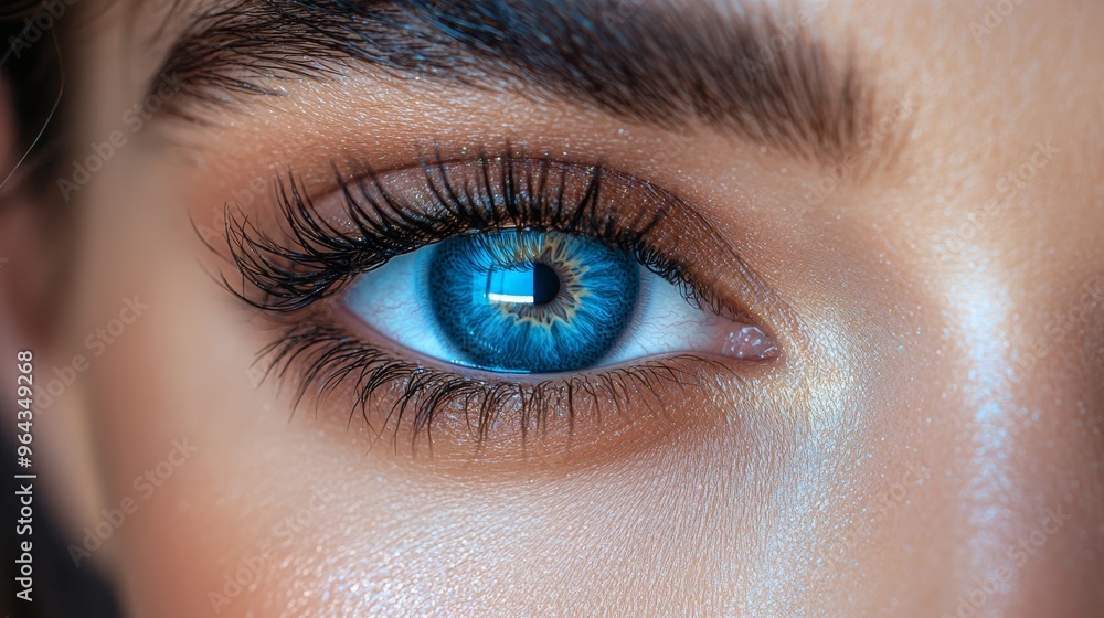 Fototapeta premium Close-up view of a striking blue eye with intricate details, showcasing eyelashes and skin texture in natural light