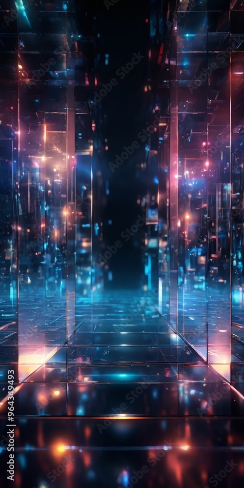 futuristic, glass-enclosed space with a grid-like pattern of reflective surfaces, creating a sense of depth and dimensionality. The scene is illuminated by a myriad of colorful futuristic, glass-enclosed space with a grid-like pattern of reflective surfaces, creating a sense of depth and dimensionality. The scene is illuminated by a myriad of colorful