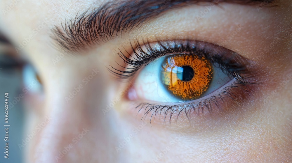 Obraz premium A close-up view of an amber-hued eye highlighting unique coloration and intricate details, showcasing natural beauty in soft lighting