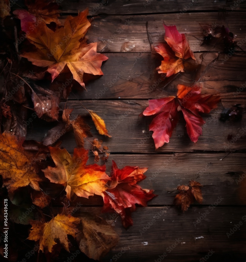 Obraz premium Autumn leaves in various shades of orange, red, and brown are scattered across a dark wooden surface, creating a warm and natural atmosphere.