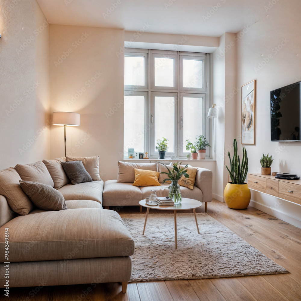 Fototapeta premium Interior of light living room with sofa and glucophone on table
