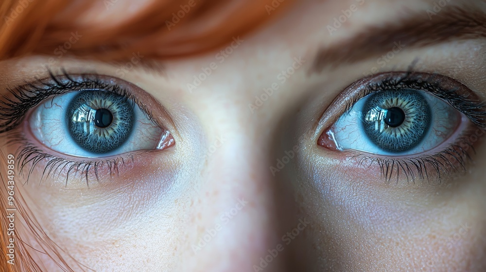 Close-up of captivating blue eyes showcasing vivid detail and reflections, person with vibrant red hair exhibiting a striking gaze Close-up of captivating blue eyes showcasing vivid detail and reflections, person with vibrant red hair exhibiting a striking gaze