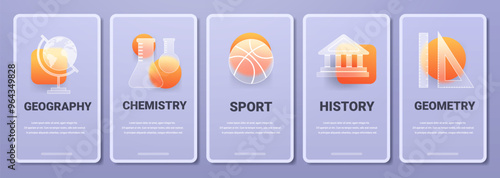Glass morphism educational disciplines vertical app pages. Vector school subjects template set