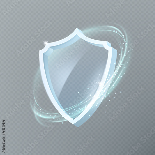 Realistic transparent glass protect shield isolated with shiny elements and light sparkles. Vector icon for design advertising medicine or protection concept.