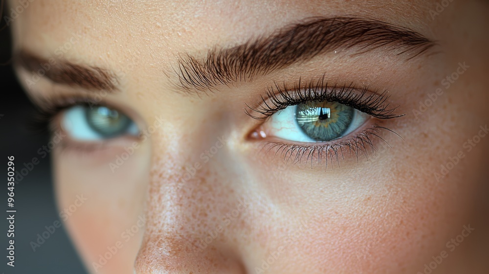 Fototapeta premium Close-up of a person's striking blue-green eyes highlighting natural beauty and detailed features, captured in soft lighting