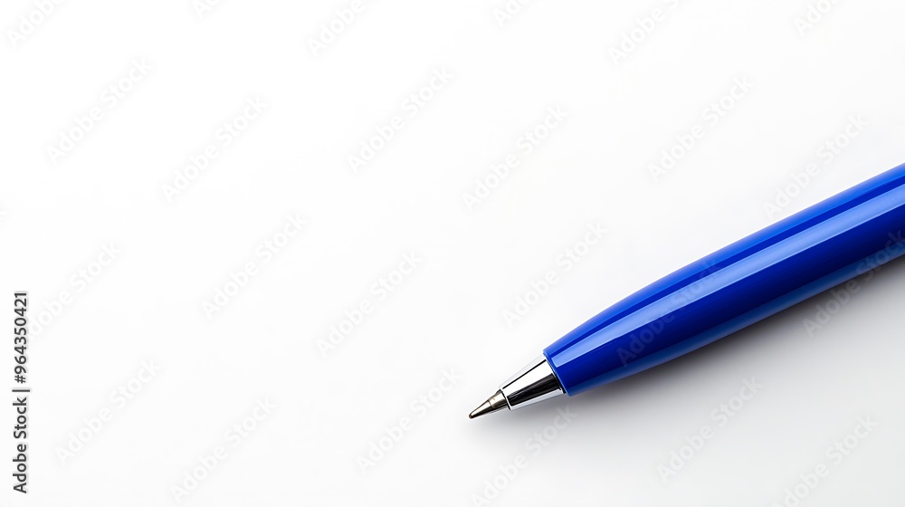 A blue ballpoint pen centered on a pristine white background. A blue ballpoint pen centered on a pristine white background.