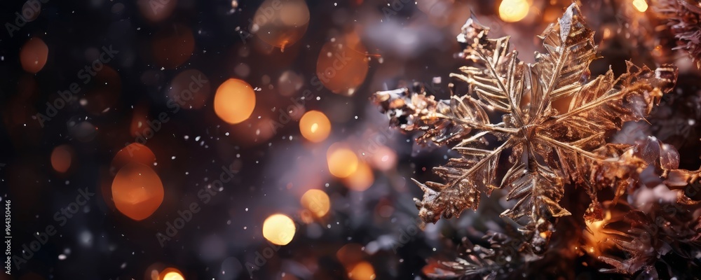 A close-up view of a golden snowflake ornament, with a blurred background of twinkling lights and snowflakes. A close-up view of a golden snowflake ornament, with a blurred background of twinkling lights and snowflakes.