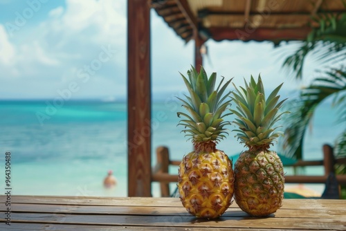 Two fresh and cool pineapple on a wooden tabele in a costal hotel facing towards sea. Close up photo