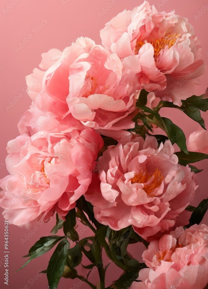 A bouquet of pink peonies with orange centers is displayed against a pink background. A bouquet of pink peonies with orange centers is displayed against a pink background.