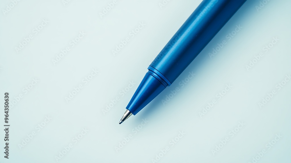 A blue ballpoint pen centered on a pristine white background, captured in macro photography. A blue ballpoint pen centered on a pristine white background, captured in macro photography.