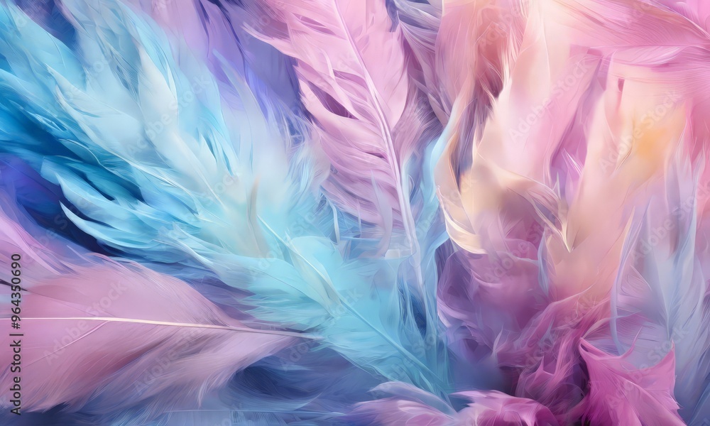 Fototapeta premium close-up view of a feather, showcasing its intricate and vibrant structure. The feather is composed of multiple layers, each exhibiting a unique color and texture. The colors are