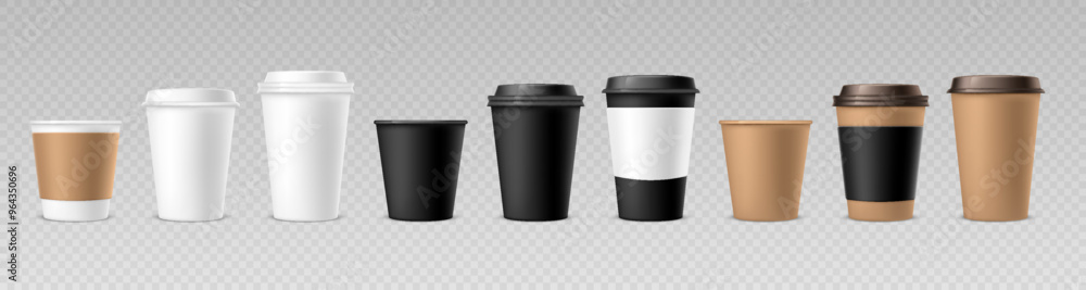 Set of realistic paper and plastic coffee cups in different colors. Front view. Vector 3D mockup of disposable closed and opened hot drinks cups and mugs in white, black and brown colors. Set of realistic paper and plastic coffee cups in different colors. Front view. Vector 3D mockup of disposable closed and opened hot drinks cups and mugs in white, black and brown colors.