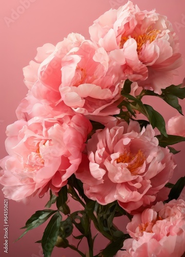 A bouquet of pink peonies with orange centers is displayed against a pink background.