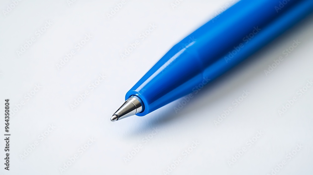 A blue ballpoint pen photographed up close on a white backdrop A blue ballpoint pen photographed up close on a white backdrop