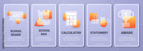 Glass morphism school learning components vertical application pages. Vector template set