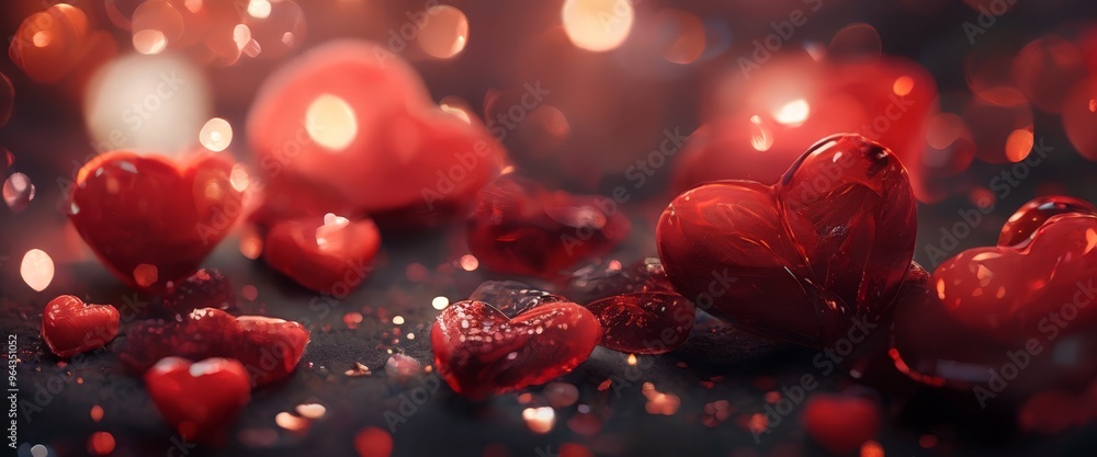 A collection of red heart-shaped objects, including candies and small figurines, scattered on a dark surface with a bokeh effect. A collection of red heart-shaped objects, including candies and small figurines, scattered on a dark surface with a bokeh effect.