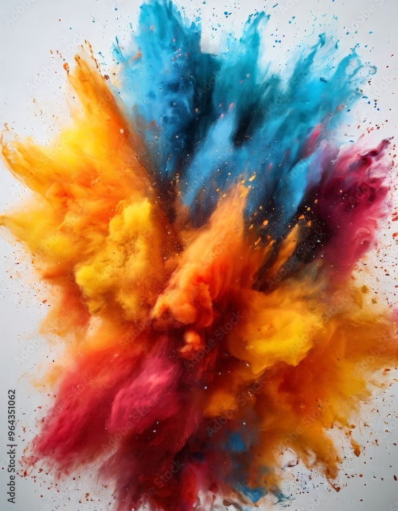 A vibrant explosion of colorful powder, with splashes of blue, orange, and red, against a white background. A vibrant explosion of colorful powder, with splashes of blue, orange, and red, against a white background.