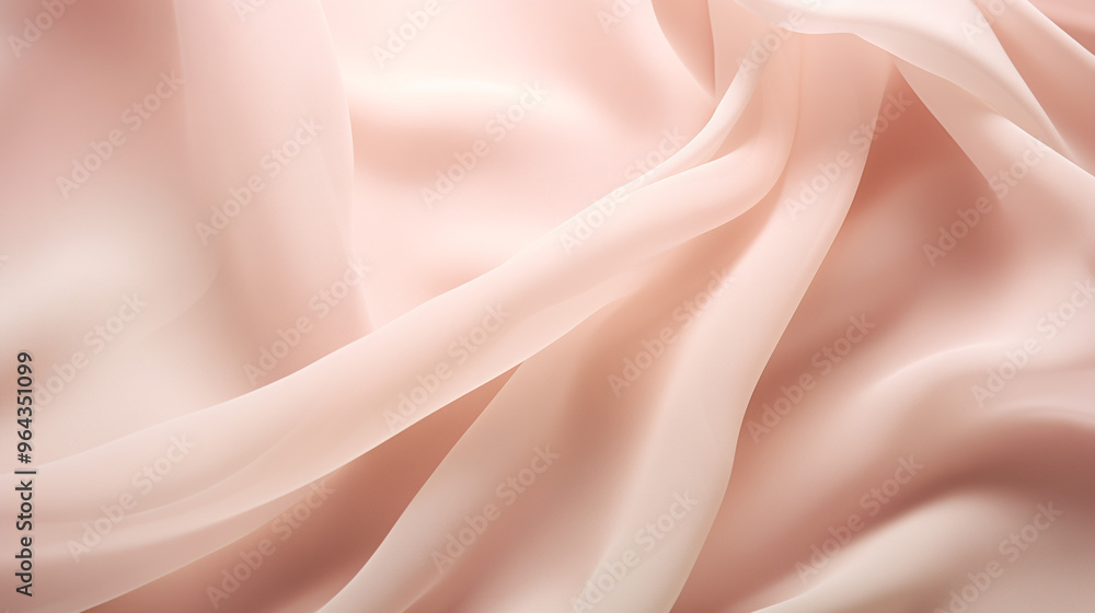 Fototapeta premium Light blush pink chiffon fabric with soft flowing folds, elegant abstract background with copy space