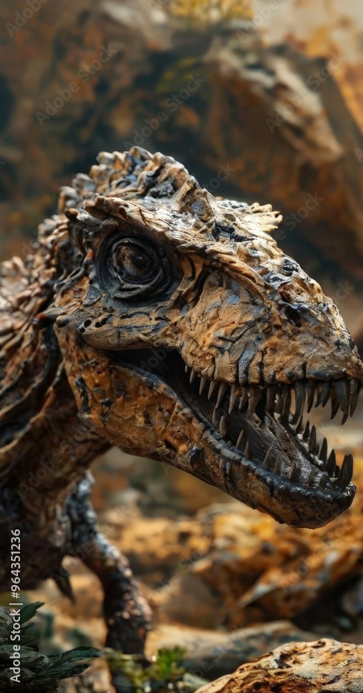Fototapeta premium A close-up of a dinosaur sculpture with a textured brown and orange surface, set against a blurred natural background.