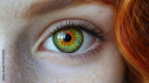 A close-up view of a green and amber eye with striking details, showcasing vibrant colors and fine eyelashes