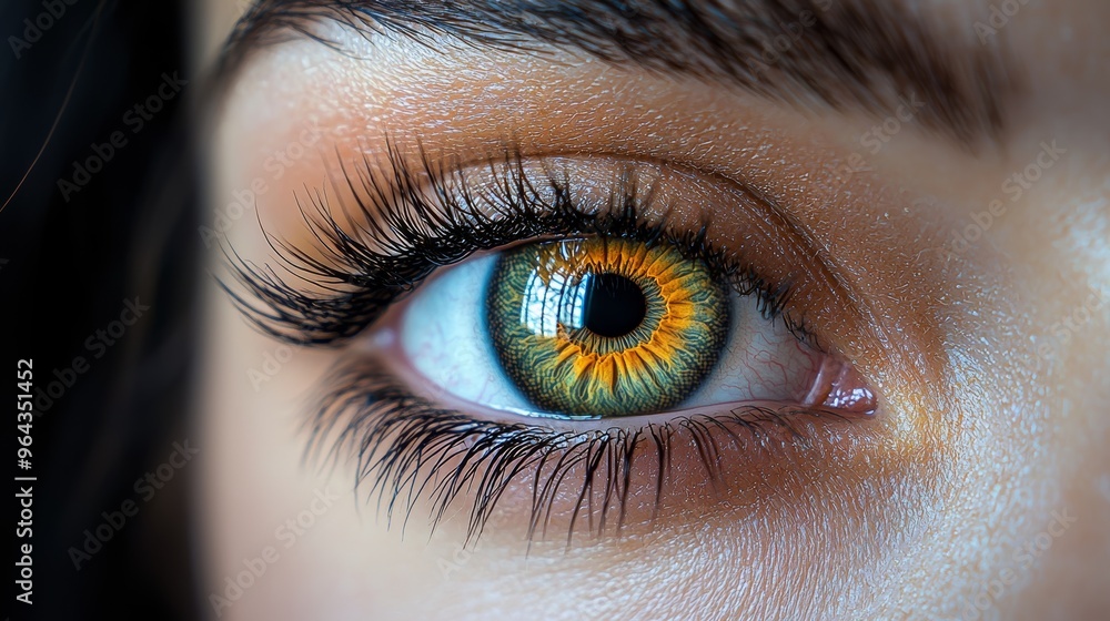 Close-up view of a striking human eye with green and orange details highlighting the unique iris patterns and long eyelashes Close-up view of a striking human eye with green and orange details highlighting the unique iris patterns and long eyelashes