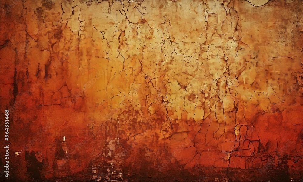 Obraz premium a textured wall with a warm, earthy color palette. The wall has a cracked and weathered appearance, with a mix of orange, brown, and red tones. taken from a low angle,