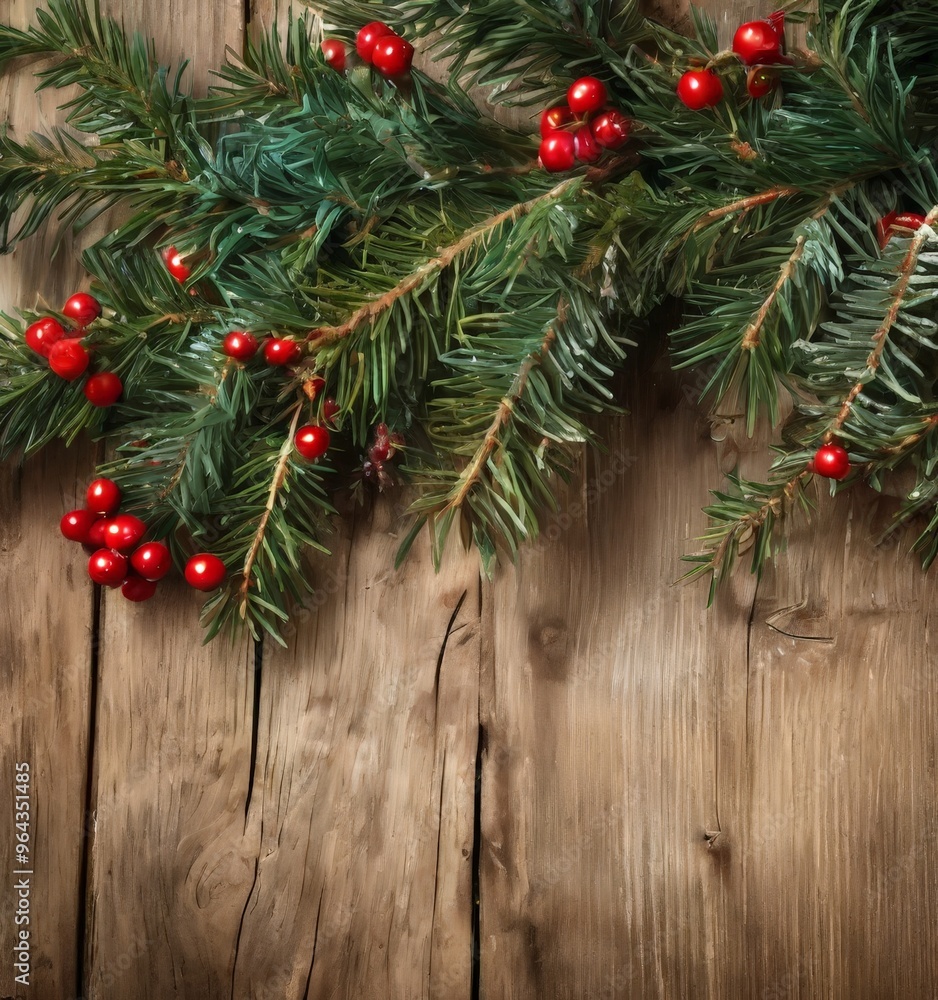 A Christmas wreath made of evergreen branches and red berries is displayed on a weathered wooden surface. A Christmas wreath made of evergreen branches and red berries is displayed on a weathered wooden surface.