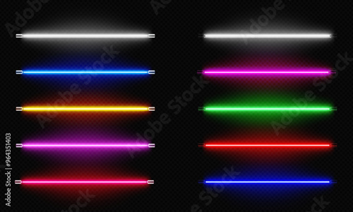 Realistic isolated colorful neon led lamp tube set. Luminous glowing lights lines in different colors on dark transparent background.