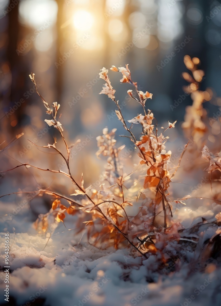 A close-up view of a snow-covered branch with delicate, frost-covered leaves, set against a blurred forest background. A close-up view of a snow-covered branch with delicate, frost-covered leaves, set against a blurred forest background.