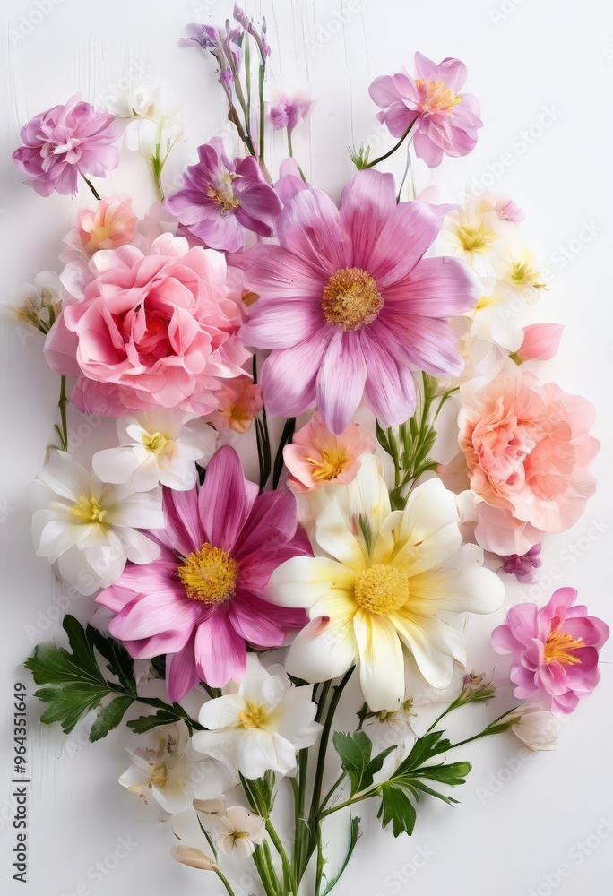 A vibrant bouquet of pink, white, and yellow flowers, including roses, daisies, and peonies, arranged in a visually appealing manner against a white background. A vibrant bouquet of pink, white, and yellow flowers, including roses, daisies, and peonies, arranged in a visually appealing manner against a white background.