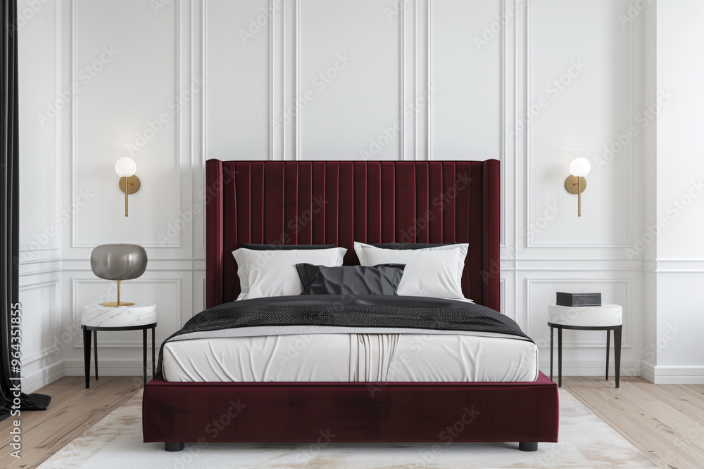 Modern style bedroom with a velvet red bed Modern style bedroom with a velvet red bed