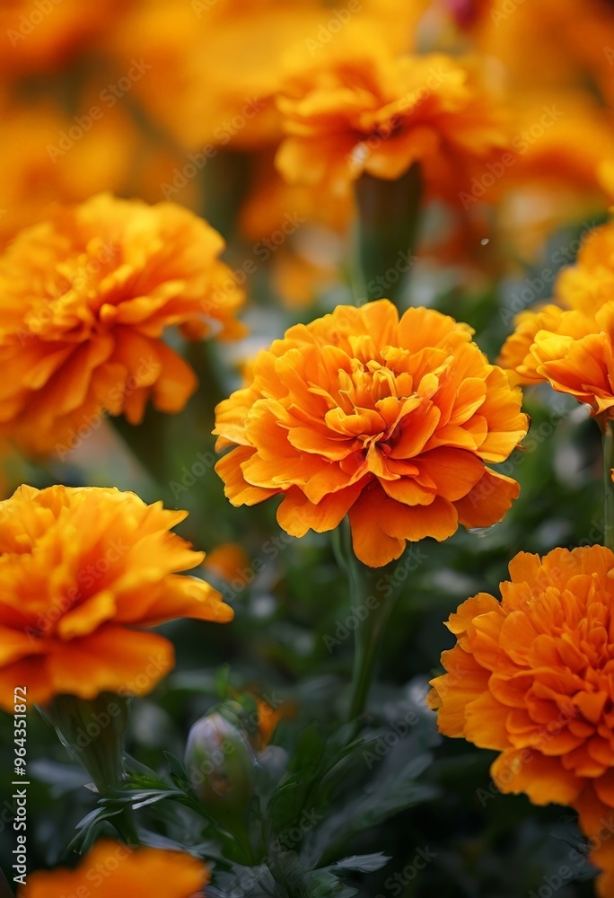 A close-up view of vibrant orange marigold flowers in full bloom, with a blurred background of similar flowers. A close-up view of vibrant orange marigold flowers in full bloom, with a blurred background of similar flowers.