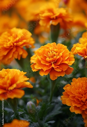 A close-up view of vibrant orange marigold flowers in full bloom, with a blurred background of similar flowers.